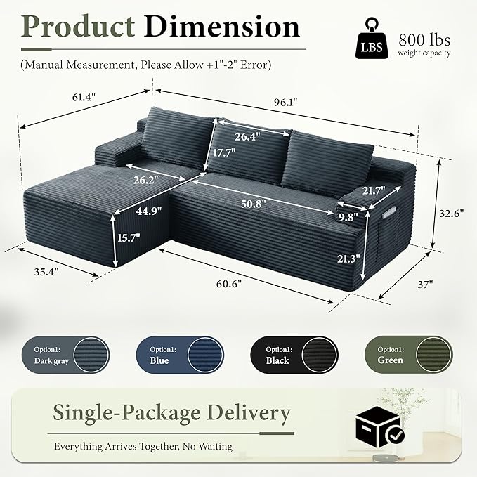 96''Sectional Couches for Living Room Modern Modular Sectional Sofa Upholstered Boneless Couch Comfy Cloud Couch with Chaise (Dark Grey, 96''W Left Facing Chaise)