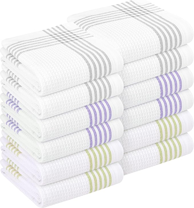 White Waffle Weave Kitchen Towels 12 Pack, 16x26 Inch, Cotton Dish Towels, Quick Dry, Absorbent, Machine Washable, Durable for Kitchen & Cleaning, Light Grey, Lavender, Lemon Green