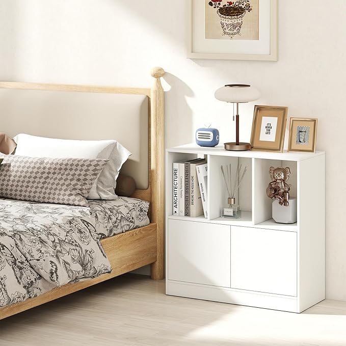 GOFLAME 3 Cube Bookcase with Doors, 3-Tier Cubby Book Shelf with 3 Open Compartments, Cabinet, Wooden Small Display Shelf, Freestanding Cubic Storage Organizer for Living Room, Study (1,White)