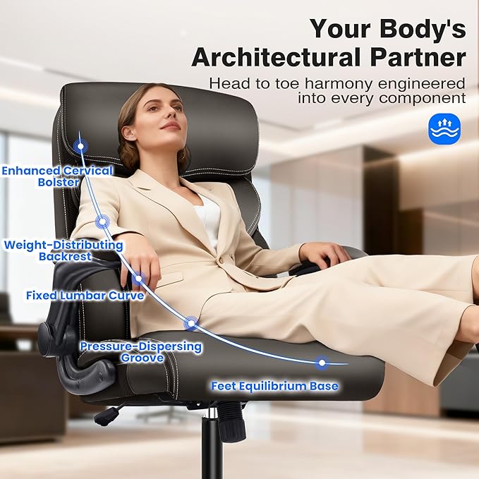 Office Chair - Executive High Back Breathable Comfy Desk Chair with Lumbar Support - Ergonomic Leather Rolling Swivel Computer Chair with Rock Function for Working Studying Gaming Relaxing