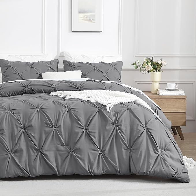 Andency Medium Gray Pinch Pleat Comforter Full(79x90Inch), 3 Pieces(1 Down Alternative Comforter and 2 Pillowcases) Grey Bed Set Microfiber Pintuck Bedding Set