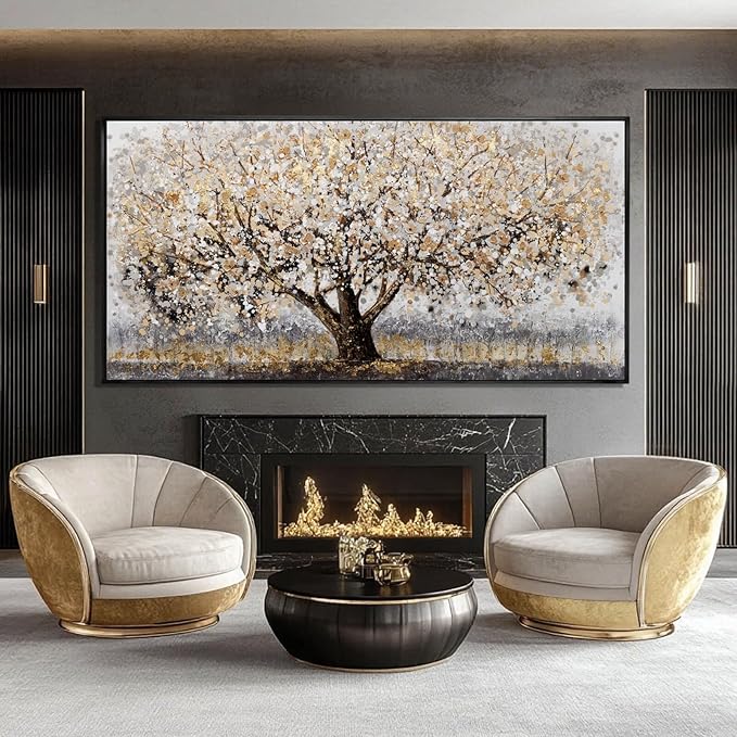 CHUDANHAO Gold Foil Canvas Wall Art Flower Wall Decor Plant Photo Prints Landscape Wall Decorations 29"x58" Large Artwork for Living Room Office