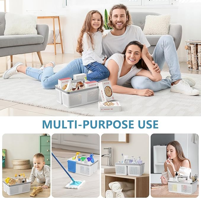 2Pack Shower Caddy Dorm: Portable Bathroom Caddy Organizer with Handle and Holes, Plastic Cleaning Caddy, Hard Shower Basket Storage Tote for Toiletry, College Dorm Room Essentials White/Silver