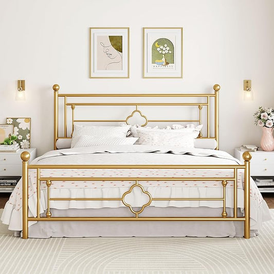 SHA CERLIN 14 Inches King Size Metal Platform Bed Frame/Vintage Iron-Art Headboard and Footboard/Mattress Foundation for Storage/No Box Spring Needed/Noise-Free/Easy Assembly/Gold
