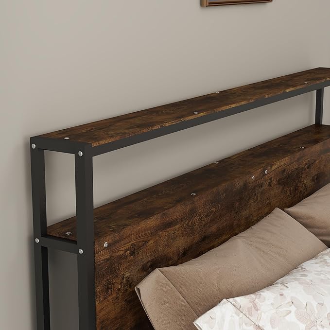 Panana 14 Inch Queen Size Bed Frame,Industrial Metal Platform Bed Frame with 2 Tier Storage Wooden Headboard and Footboard,4 Storage Drawers,No Box Spring Needed,Black&Brown