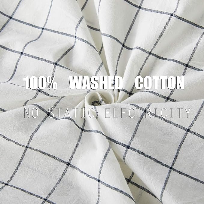 JELLYMONI Cotton Duvet Cover Queen Size - White Grid Plaid Comforter Cover with Button 100% Washed Cotton 3PCS Breathable Soft Bedding Set Duvet Cover 90×90in & 2 Pillowcases (NO Comforter)