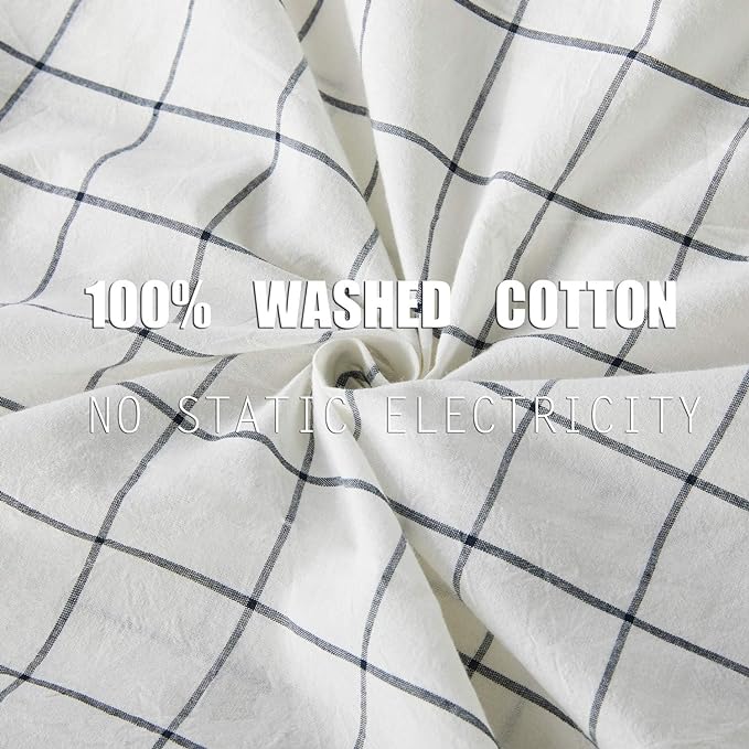 JELLYMONI Cotton Duvet Cover Twin Size - White Grid Plaid Comforter Cover with Button 100% Washed Cotton 2PCS Breathable Soft Solid Bedding Set Duvet Cover 68×90in & 1 Pillowcase (NO Comforter)