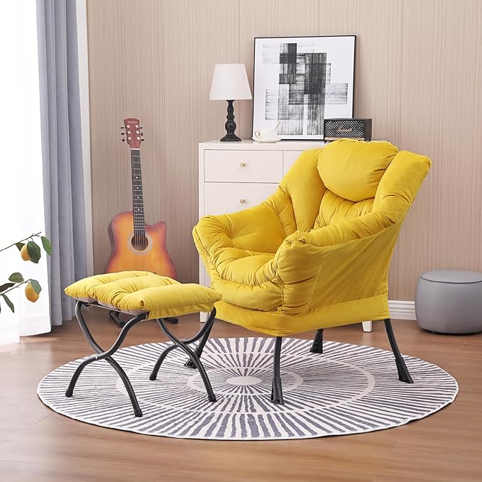 Lazy Chair and Ottoman, Large Accent Lounge Chair with Armrests and a Side Pocket, Modern Leisure Upholstered Sofa Reading Armchair with Footrest for Bedroom, Living Room, Dorm Rooms, Office