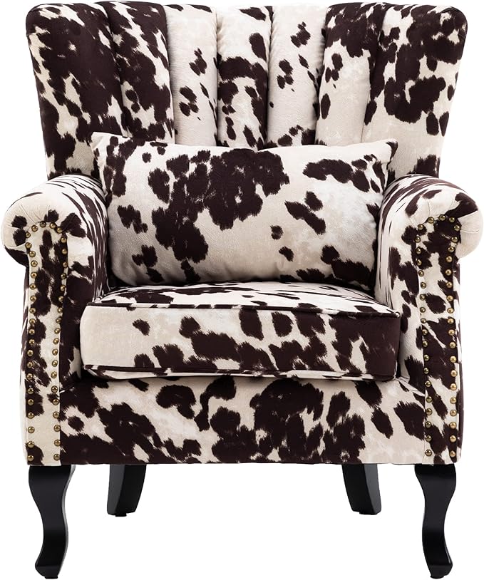 Cow Print Accent Chair Modern Velvet Armchair Tufted Wingback Club Chair Single Sofa Lounge Side Chair with Pillow for Living Room Bedroom, Cow