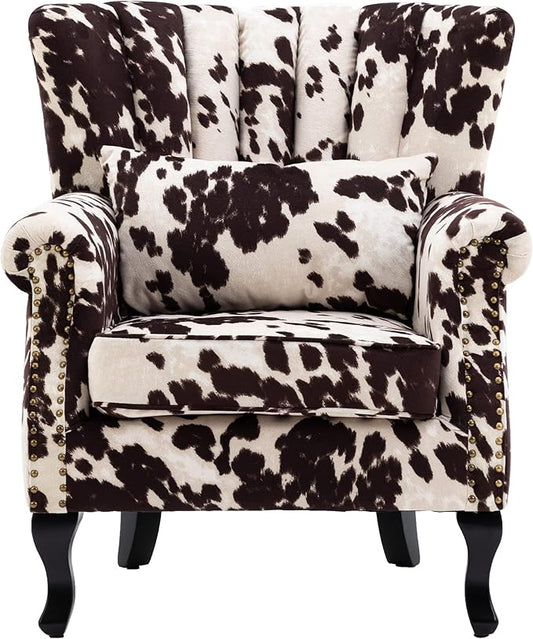 Cow Print Accent Chair Modern Velvet Armchair Tufted Wingback Club Chair Single Sofa Lounge Side Chair with Pillow for Living Room Bedroom, Cow