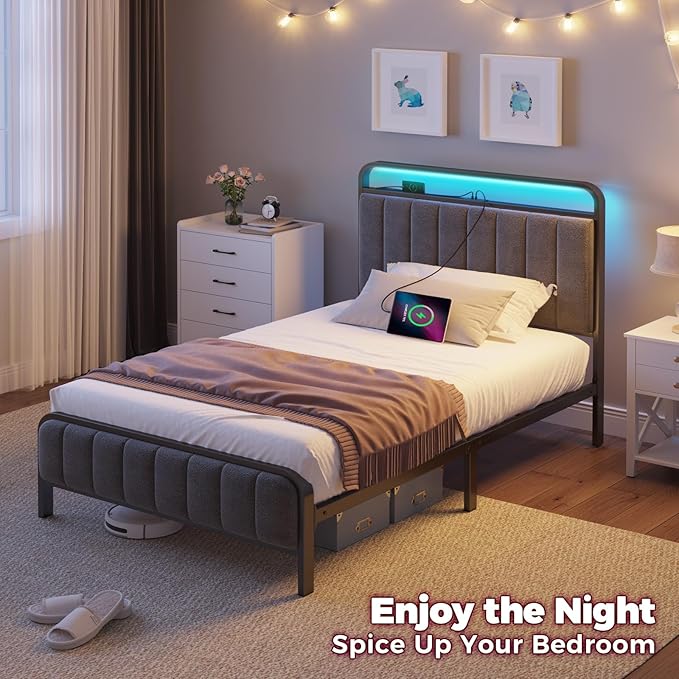 Rolanstar Twin Size Bed Frame with LED Light and Charging Station, Upholstered Headboard and Footboard, Metal Slat, Noise Free, Easy Assembly, Dark Gray
