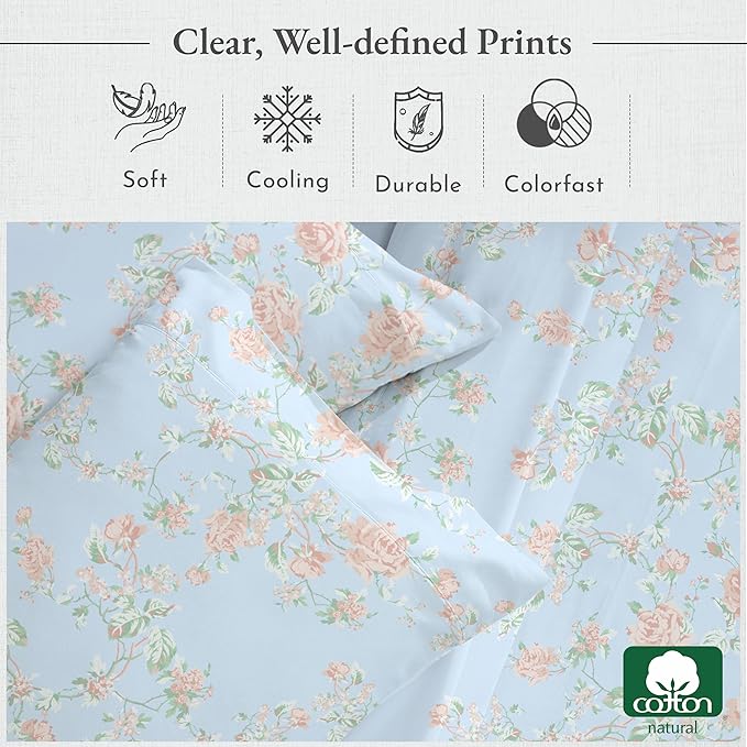 California Design Den Printed Twin XL Sheet Sets - 400 Thread Count Sateen, Natural 100% Cotton Sheets, Deep Pockets, and Durable Bedding Set - Antique Rose CaliforniaDesignDen