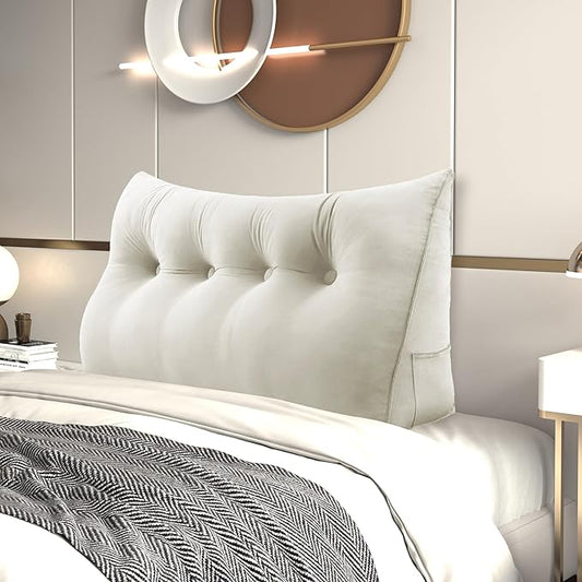 Headboard Wedge Pillow Large Bolster Reading Pillows for Sitting in Bed Adult,Velvet Triangular Cushion Backrest Lumbar Back Support Upholstered Daybed Sit Up Book Pillows(White,Full)