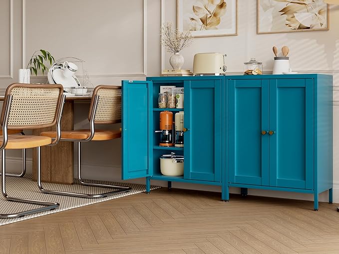 31.5" H Navy Blue Bathroom Cabinet,Blue Storage Cabinet,Metal Bathroom Floor Cabinet with 2 Adjustable Shelves&2 Doors