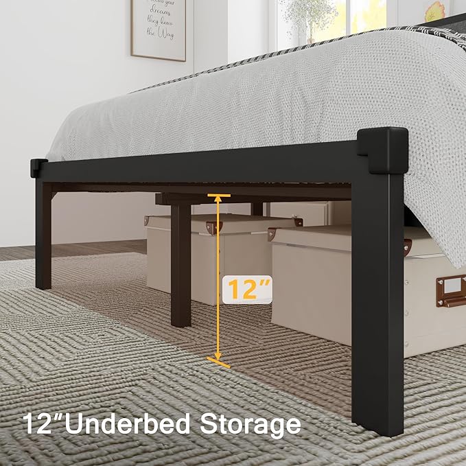 Full Size Metal Bed Frame, Platform Bed with Upholstered Button Tufted Headboard, 12" Underbed Storage, Steel Slats Support, No Box Spring Needed, Easy Assembly, Noise-Free, Dark Grey