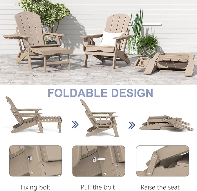 FOOWIN Adirondack Chair with Retractable Ottoman,HDPE Folding Adjustable Adirondack Chair w/4 in 1 Cup Holder Trays,All-Weather Resistant Fire Pit Chair for Outdoor Patio Lawn Set of 8
