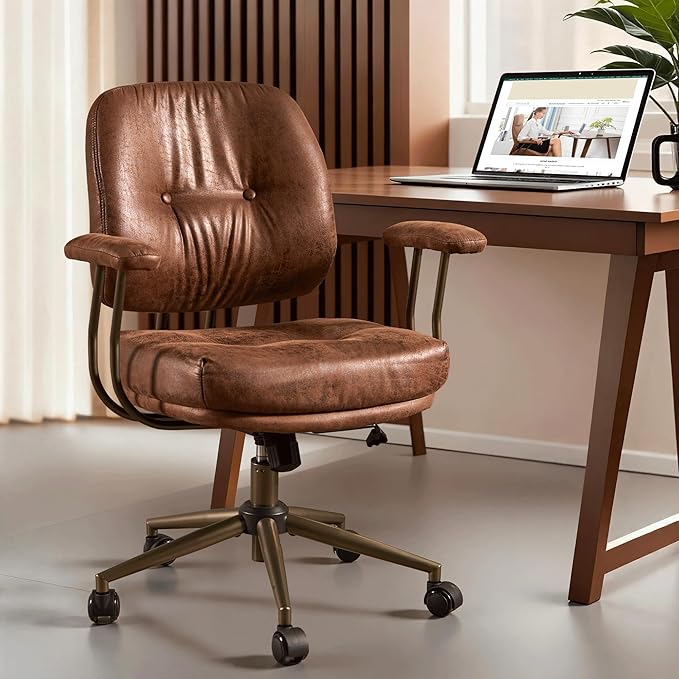 ovios Ergonomic Office Chair, Mid Back Faux Leather Executive Chairs with Thick Cushion, Comfy Mid-Century Modern Swivel Rolling Computer Armchair (Dark Brown, Suede Leather)