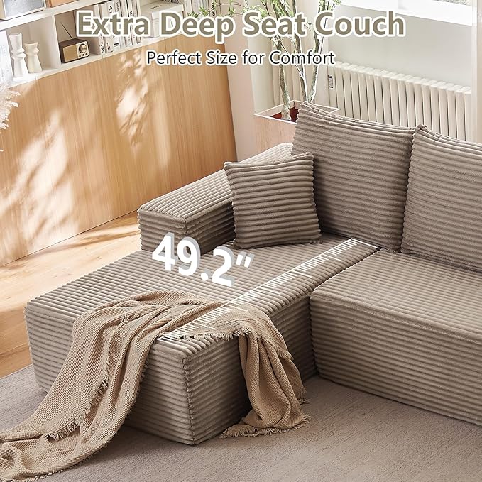 166.9" Cloud Sectional Couch with L-Shape Chaise, Modern Modular Comfy Sofa Chaise Longue, Upholstered Corduroy Couches Sleeper with Deep Seat for Living Room Bedroom, No Assembly Required, Camel