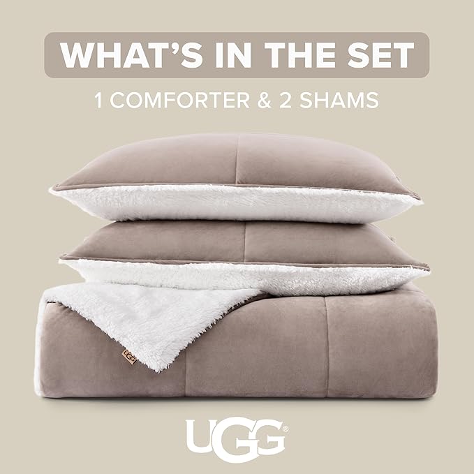 UGG Blissful Comforter Set with 2 Pillow Shams Reversible White Comforter Plush Fluffy Warm Bed Set Premium Hypoallergenic Down Alternative Bedding Breathable, King/California King, Brown Fawn