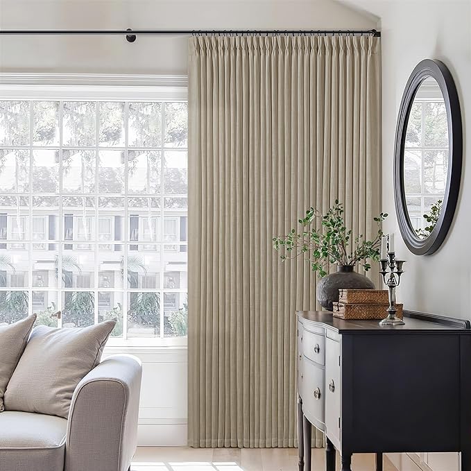 Grey Beige Pinch Pleated Linen Curtains 92 Inches Long 2 Panels for Living Room Bedroom Memory Training Shaped Semi Sheer Pleat Drapes with Hooks Rings Light Filtering Window Curtain 40x92