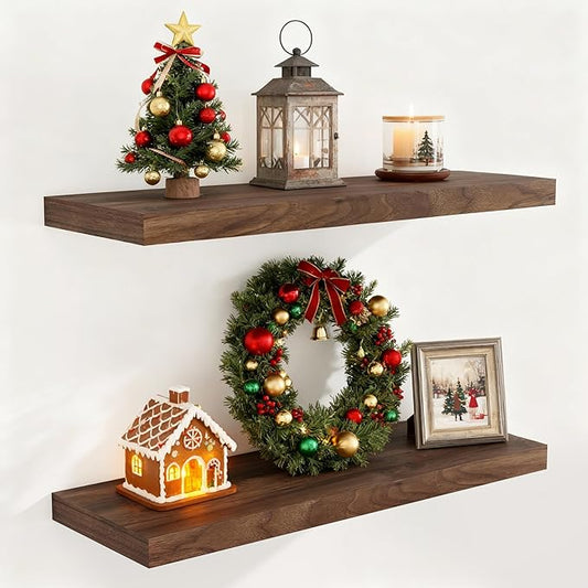 Fun Memories 32 Inch Floating Shelves, Wall-Mounted Bathroom Shelves Set of 2, 9.3 Inch Deep Floating Shelf Bookshelf for Living Room, Bedroom, Heavy-Duty Deep Storage Shelf for Wall, Walnut Color