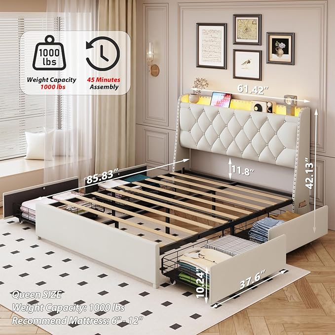 Queen Size Bed Frame with 4 Drawers and Storage Headboard, Upholstered Button Tufted Platform Bed Queen with Led Lights and Charging Station, No Box Spring Needed, Easy Assembly, Noise Free, Beige