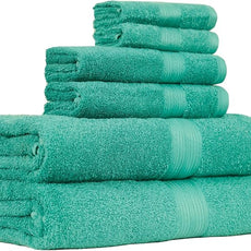 Amazon Basics 6 Piece Oversized Fade resistant Towel set, 100% Cotton towels for bathroom, soft and absorbent, 2 Bath Towels, 2 Hand Towels and 2 Washcloths bathroom towel set, Teal