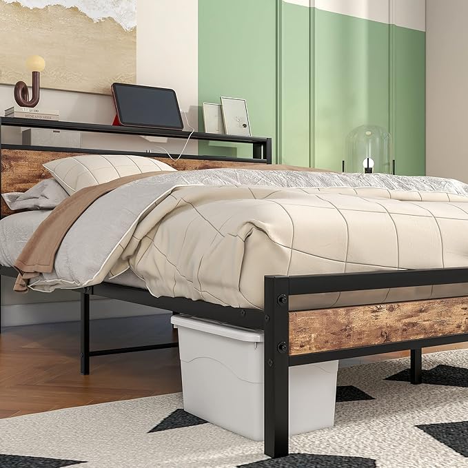 HOJINLINERO Queen Bed Frame with Storage Headboard/Charging Station,Metal Queen Size Bed Frame with Power Outlets/USB Ports No Box Spring Needed,Under Bed Storage,Easy Assembly,Rustic Brown