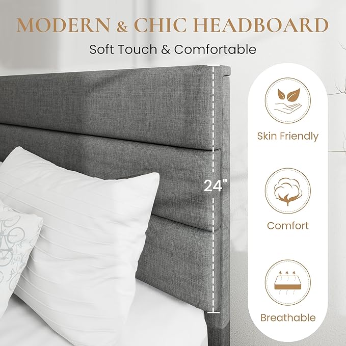 SHA CERLIN Full Platform Bed Frame with Upholstered Fabric Headboard, Mattress Foundation with Strong Wooden Slats Support, No Box Spring Needed, Grey