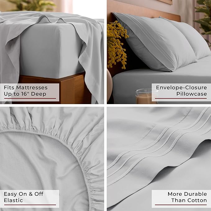 Mellanni King Sheet Set - 6-Piece Iconic Collection Bedding, (Including 4 Pillowcases), 16-Inch Deep Pocket, Easy Care, Extra Soft, Cooling Sheets, Brushed Microfiber - Light Gray