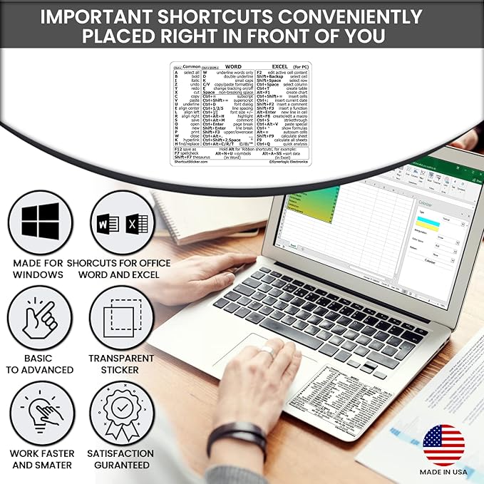 Synerlogic (10pcs) Word/Excel Windows Shortcut Sticker | Reference Guide Keyboard Shortcuts | Work from Home Essentials | Excel Shortcuts Cheat Sheet Laminated Vinyl (Clear/Small/10)