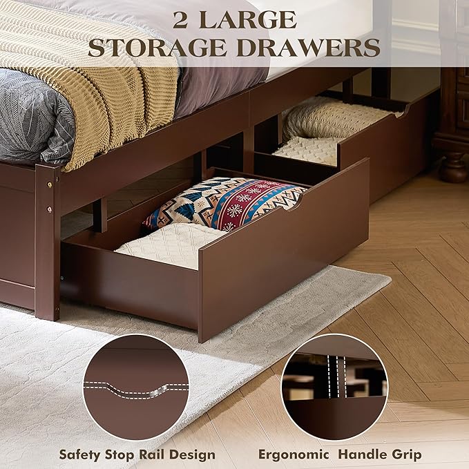 King Size Solid Wood Bed Frame with Storage, Mid-Century Modern Platform Bed with 50" Headboard & 2 Drawers, No Box Spring Needed/Quiet Support/Easy Assembly/Espresso Brown Finish