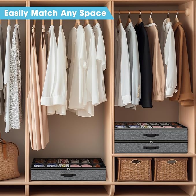 2 Pack Under Bed Shoe Storage Organizer for Closet, Fits Total 24 Pairs Foldable Underbed Shoes Containers Boxes Under the Bed Storage Bedding with Sturdy Handles&Clear Window for College Dorms, Grey
