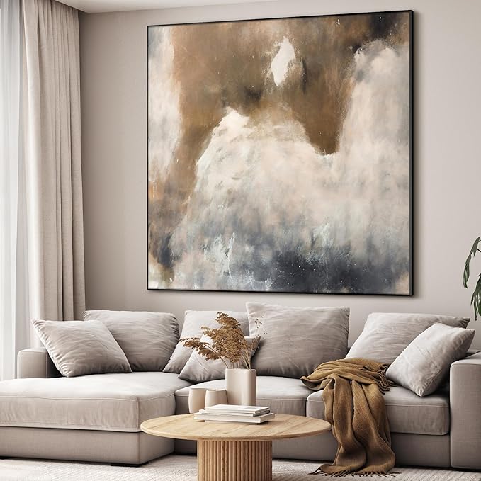 60"x60" XL Framed Wall Art - Rustic Faded White and Brown Abstract Texture (Frame Assembly Required)