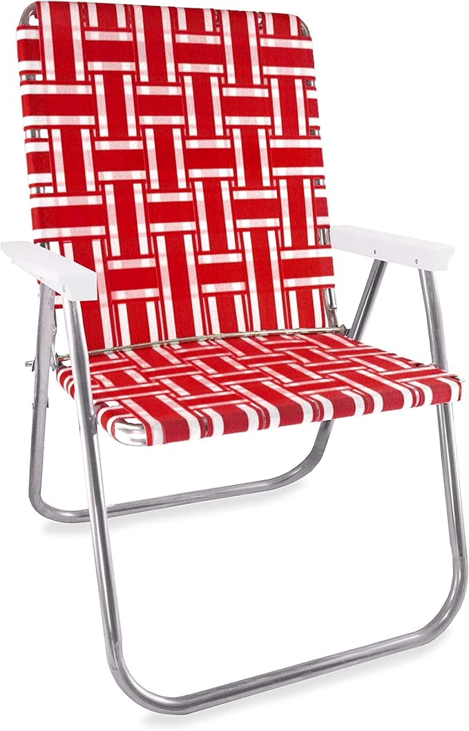 Lawn Chair USA Folding Aluminum Outdoor Patio Lawn Chair | Heavy-Duty Webbed Chairs for Camping, Sports, Beach, Yard & Tailgating | Lightweight Portable | Magnum - Red and White with White Arms