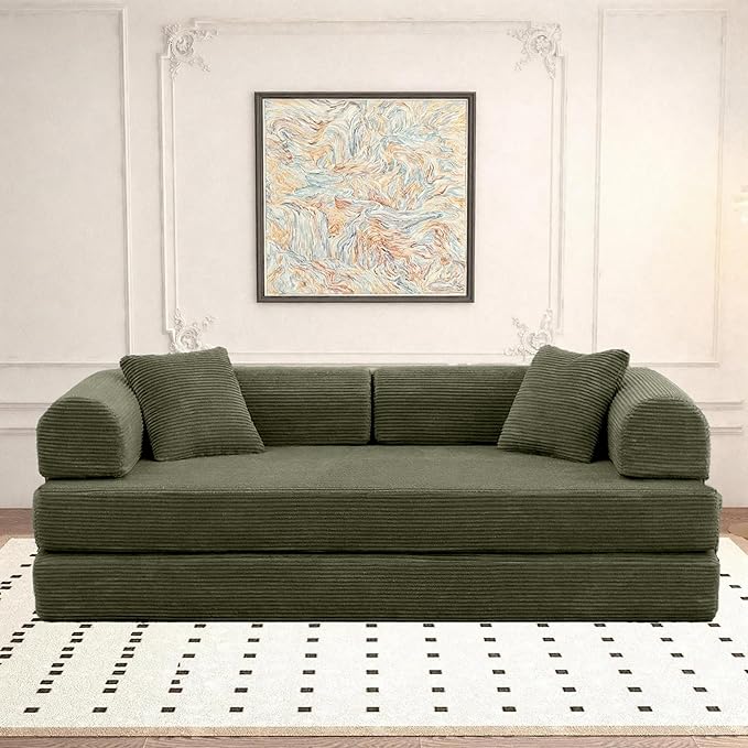 Convertible Sleeper Sofa Bed, Corduroy Floor Couch with Fixed-Shape Frame, Comfy Modular Floor Sofa with Pull Out Bed, Loveseat Sleeper Boneless Couch for Living Room, Green