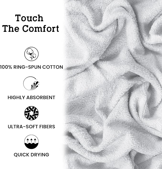 Casa Lino Bath Towel Set of 8 (2 Bath Towels, 4 Wash Cloths & 2 Hand Towels for Bathroom) - 100% Cotton - Highly Absorbent & Quick Dry - Guest Room Essentials for Bathroom Set - (White)