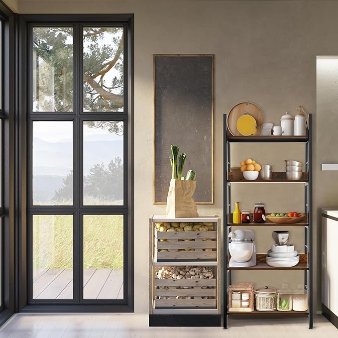 Himimi Industrial Bookshelf 5-Tier, Home Office Bookcase Ladder Shelf, Freestanding Storage Shelves Rack Shelf Unit, Brown Ladder Bookcases with Metal Frame for Bedroom, Living Room, Kitchen