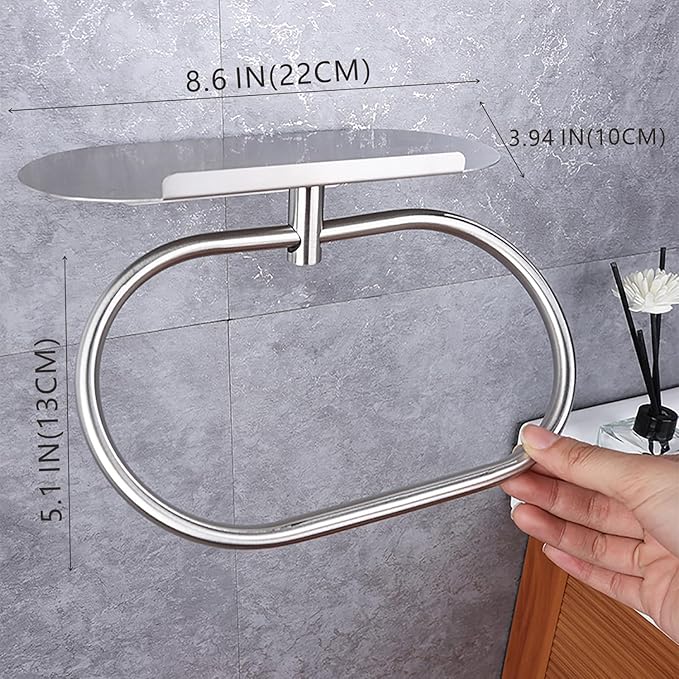 Towel Ring with Shelf Steel Self, Stainless Steel Bath Towel Rings, Self Adhesive Hand Towel Ring for Bathroom, Wall Mounted Towel Hanger for Bathroom Kitchen (Silver)