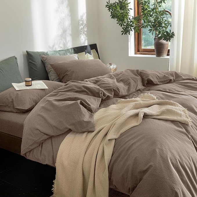 FOSSA Duvet Cover Set 100% Washed Cotton Linen Feel Super Soft Breathable Cozy 3 Pieces Bedding Sets Solid Pale Brown Full