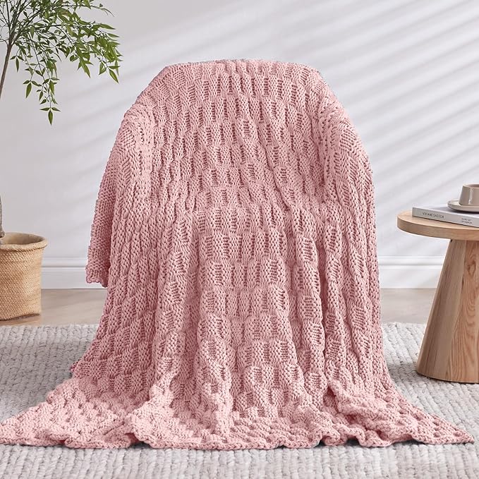 Knitted Weighted Blanket Adults, No Beads Heavy Blanket 40” x 60'' 7lbs, Breathable Chunky Knit Blanket, Cooling Weighted Blanket for Hot Sleepers, Christmas Home Decor (HoneyPink)