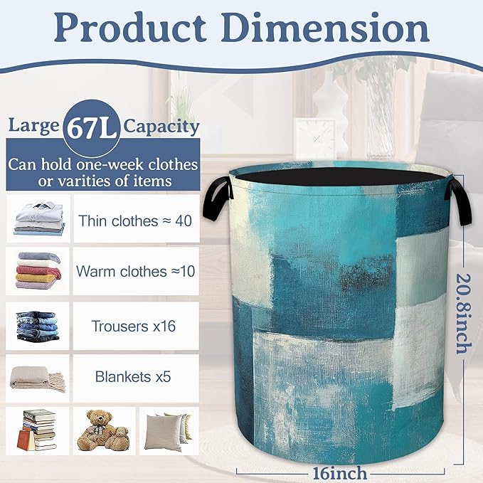 Turquoise Grey Abstract Art Painting Laundry Basket,Foldable Oxford Cloth Geometric Laundry Hamper with Handles, 20.8"x16" Tote Bag Clothes Storage Bucket for Laundry Room/Bathroom/Bedroom/Dormitories