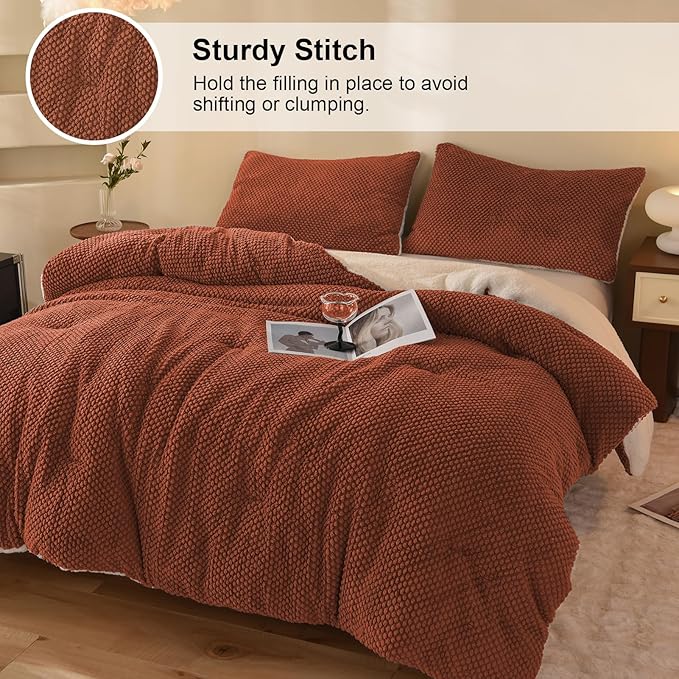 3D Jacquard Design Comforter Set, Ultra-Soft Warm Queen Size Sherpa Fur Plush 3-Pieces Sets Luxury Cozy Bedding with 2 Pillowcases (90"x90", Burnt Orange)