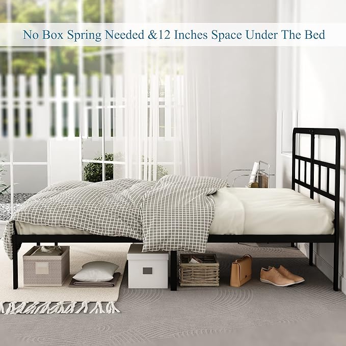 14 Inch Queen Bed Frame with Headboard No Box Spring Needed, Heavy Duty Metal Queen Size Platform with Steel Slat, Mattress Foundation, Easy Assembly, Noise Free, Black