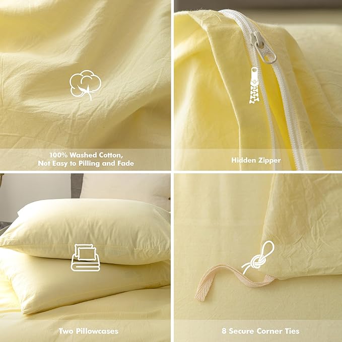 FOSSA Duvet Cover Set 100% Washed Cotton Linen Feel Super Soft Breathable Cozy 3 Pieces Bedding Sets Solid Pastel Yellow Full/Double