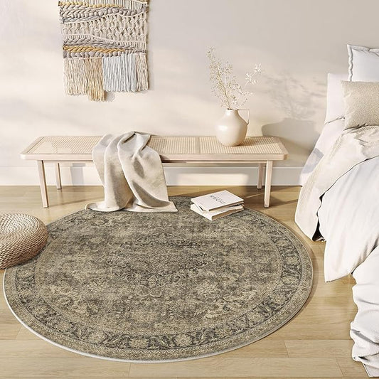 6x6 Washable Brown Round Rug Vintage Living Room Bedroom Circle Rug Non-Slip Soft Low Pile Distressed Indoor Carpet for Kitchen Dining Room Office