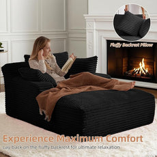 Oversized Chaise Lounge Chair Indoor Corduroy Sofa Bed with Throw Pillows Recliner Chair Comfy Large Deep Seat Sofa Couch for Living Room, Bedroom, Apartment (Black)