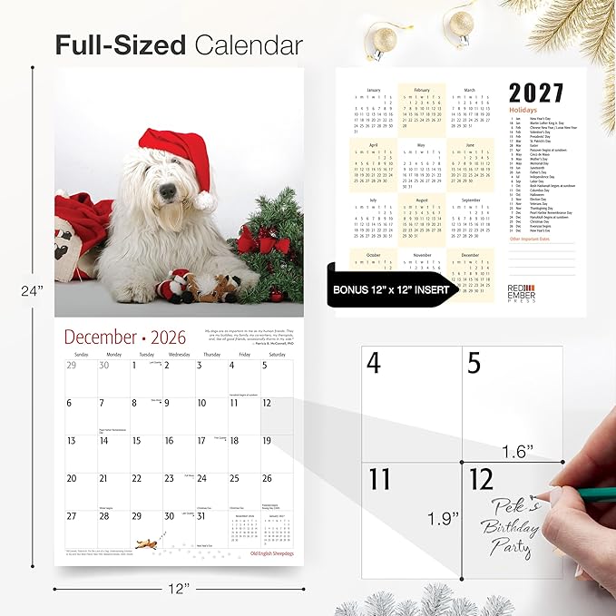 RED EMBER Old English Sheepdogs 2026 Wall Calendar 12 Month | 12" x 24" Open | Thick & Sturdy Paper | Holiday Gift | Cute Puppy Dog Calendar 2026