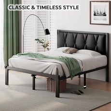 iPormis Queen Metal Bed Frame, Faux Leather Button Tufted Headboard Platform Bed, Heavy Duty Slats Support, 12