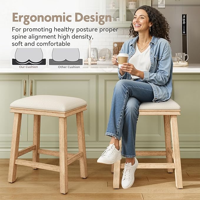 MAISON ARTS Off White Counter Height 24 inch Bar Stools Set of 4 for Kitchen Counter Solid Wood Legs with Faux Leather Padded Seat Farmhouse Barstools for 34"-38" Counter Island Upholstered Stools